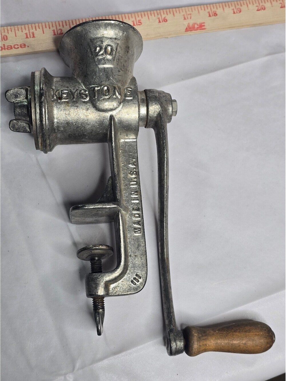 Vintage Keystone No. 20 Manual Meat Grinder with Wooden Handle